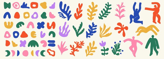 Big set of different abstract shapes, plants and characters. Hand drawn doodles. Modern fashion illustration. Flat design, cartoon hand drawn, vector.