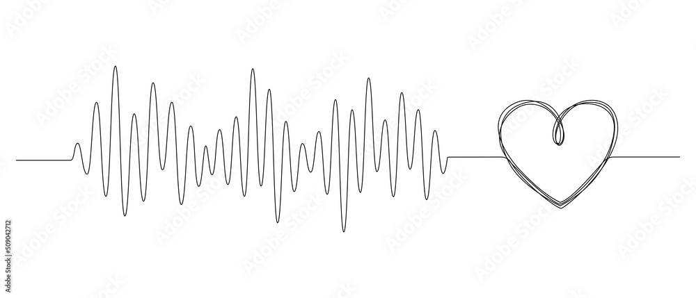 Fototapete One continuous line drawing of doodle heart with pulse. Ekg wave of romantic symbol in simple linear style. Divider shape with Editable stroke. Scribble heartbeat vector illustration
