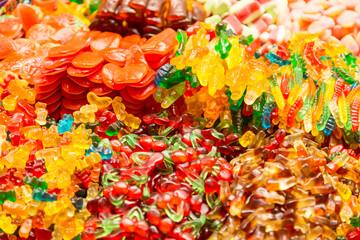 Fototapeta na wymiar Colorful jelly gummy candies at market showcase. Istanbul Grand Bazaar, Turkey