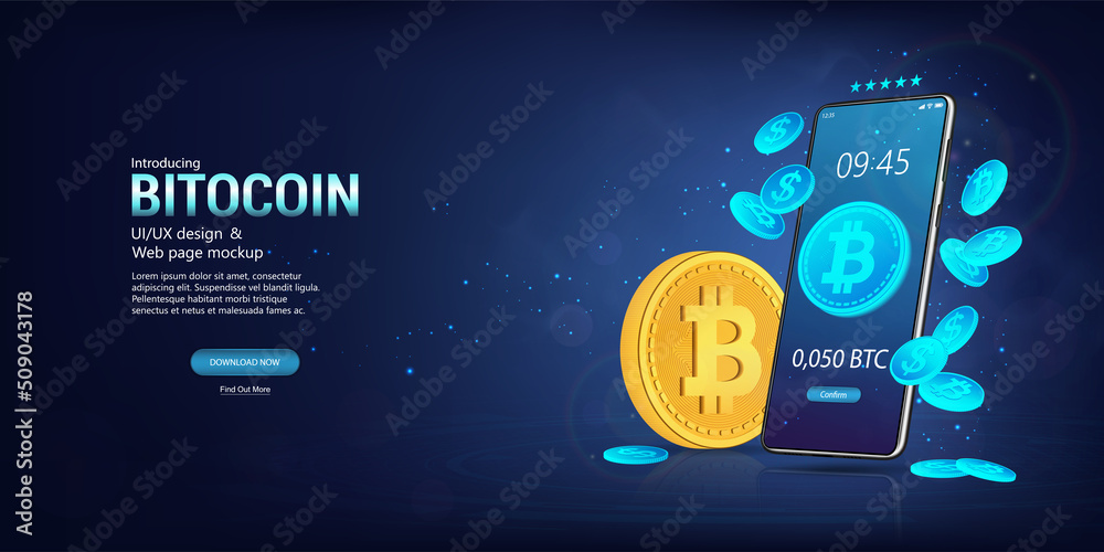 Poster bitcoin and other cryptocurrency on 3d mobile phone. e-wallet with bitcoins for stock market trading