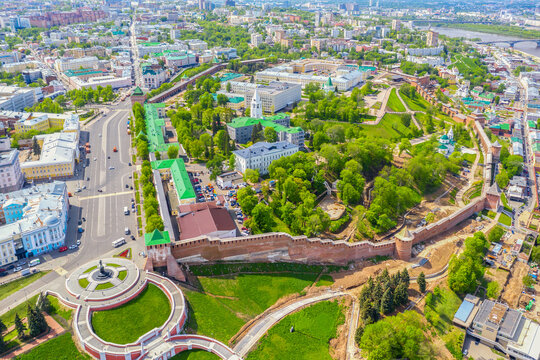 Aerial drone view of Chkalov ladder or Volzhskaya staircase and Kremlin in Nizhny Novgorod, Russia.