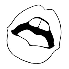 Sexy lips emotions. Beautiful mouth with red lipstick. Isolated fashion  illustration. Kissing lips. For cosmetic make up products, beauty salon logo. Hand drawn simple black line style illustration.