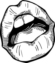 Sexy lips emotions. Beautiful mouth with red lipstick. Isolated fashion  illustration. Kissing lips. For cosmetic make up products. Hand drawn retro vintage vector illustration. Old style line drawing