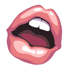 Sexy juicy woman lips with glossy lipstick. Open mouth with beautiful teeth talking, laughing, smiling, kissing. Hand drawn colourful realistic isolated illustration. Comic cartoon style.