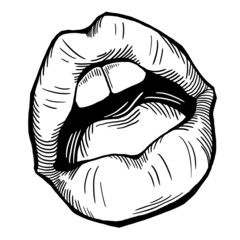 Sexy lips emotions. Beautiful mouth with red lipstick. Isolated fashion  illustration. Kissing lips. For cosmetic make up products. Hand drawn retro vintage old style illustration. Cartoon drawing.