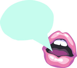 Talking open mouth with bubble cloud. Sexy woman lips telling secret or shouting loud. Speech, storytelling, news for all ears. Hand drawn retro vintage vector illustration. Old style drawing.