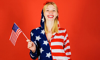 Patriotic costume. Happy girl American flag. 4th July. Independence day. USA. United states. Summer.