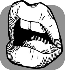 Sexy lips emotions. Beautiful mouth with red lipstick. Isolated fashion  illustration. Kissing lips. For cosmetic make up products. Hand drawn retro vintage old style vector illustration.