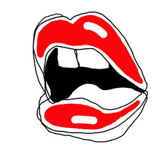 Sexy lips emotions. Beautiful woman mouth with glossy lipstick line drawn. Isolated fashion trendy illustration. Kissing lips. For cosmetic make up products or beauty salon.