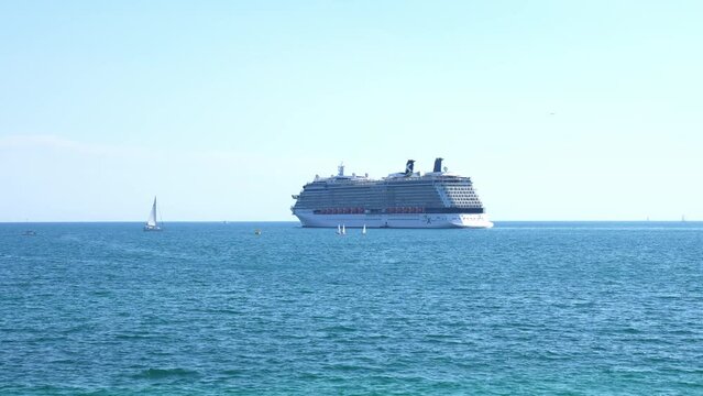 Luxury cruise ship sailing out of the port in Mallorca, Spain.