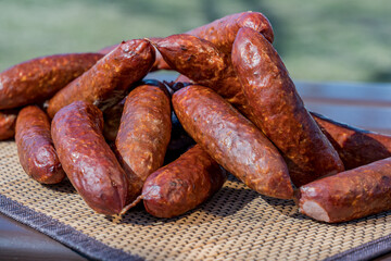 Dried sausages on the table