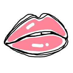 Sexy lips emotions. Beautiful woman mouth with glossy lipstick line drawn. Isolated fashion trendy illustration. Kissing lips. For cosmetic make up products or beauty salon.