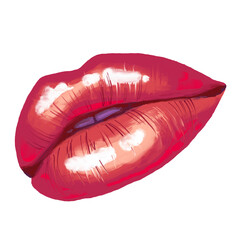 Sexy juicy woman lips with glossy lipstick. Open mouth with beautiful teeth talking, laughing, smiling, kissing. Hand drawn colourful realistic isolated illustration. Old style drawing.