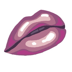 Sexy juicy woman lips with glossy lipstick. Open mouth with beautiful teeth talking, laughing, smiling, kissing. Hand drawn colourful realistic isolated illustration. Old style drawing.