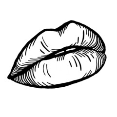 Sexy lips emotions. Beautiful mouth with red lipstick. Isolated fashion  illustration. Kissing lips. For cosmetic make up products. Hand drawn retro vintage old style illustration. Cartoon drawing.