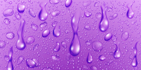 Background with big and small realistic water drops in purple colors