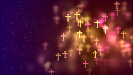 Abstract Miracle Red Yellow Colorful Blurry Focus Flying Cross Jesus Christianity Symbol Bokeh Lights On Right Side With Sparkle Dust