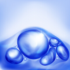 Illustration with beautiful realistic air bubbles with bright glare, floating in water or other liquid, in blue color