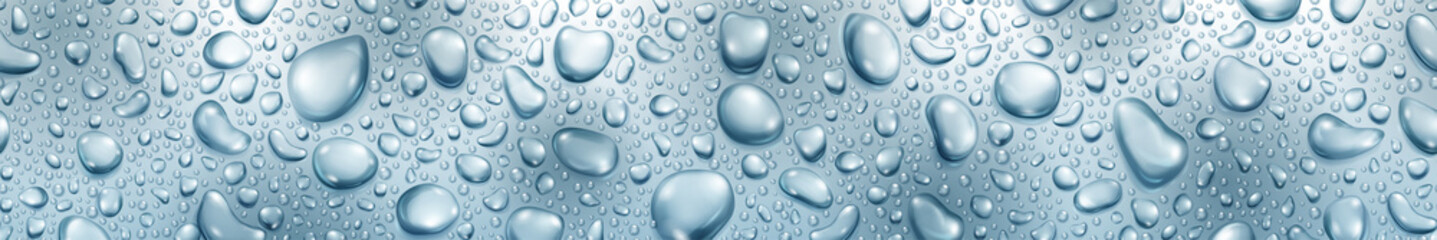 Banner of big and small realistic water drops in light blue colors, with seamless horizontal repetition