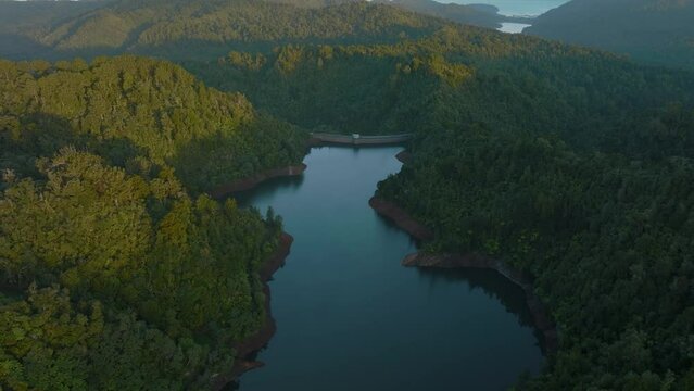 Aerial: Beautiful reservoir lake and rainforest, New Zealand