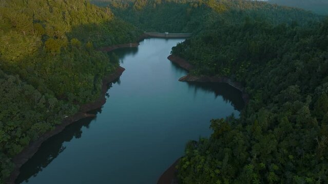 Aerial: Beautiful reservoir lake and rainforest, New Zealand