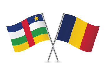 The central African Republic and Chad crossed flags. Centrafrique and Chadian flags on white background. Vector icon set. Vector illustration.