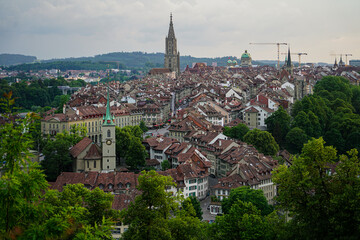 Panorama view of Berne old town from top in rose garden
