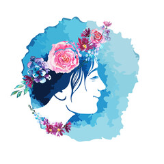 Face of a beautiful girl with abstract watercolor hair. Delicate pink flower on the girl's head . Vector illustration
