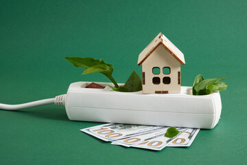 surge protector with power button, dollar bills, a miniature house and green leaves of a plant on a...