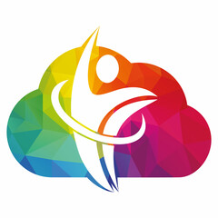 Human athlete in motion who crosses finish line and breaks through ribbon isolated logo vector.