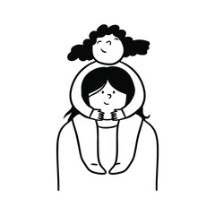 Child sits on mother's shoulders outline illustration. Family concept.