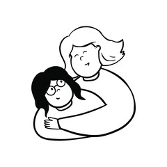 Mom hugs daughter outline illustration in doodle style.