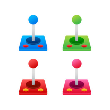 Retro set for video game design. Flat cartoon vector icon set with retro joystick. Isometric vector.