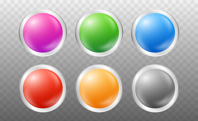 Realistic glass spheres set with silver frame. Colorful glossy 3d rounds buttons collection with glares and shadow. Can use for emblems, infographics, ui design. Vector EPS10