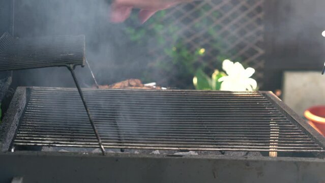 Spicy Pork Beef Bacon Being Grilled Over Bright Glowing Coals Broasting On Fire. Lunch celebration Party Barbecue. Outdoor Cooking. Cook Prepares Oriental Dish In Kitchen. Junk Food, Healthy Lifestyle