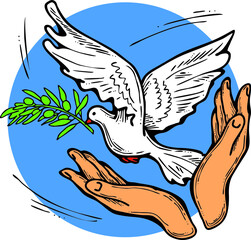 White dove of peace in our hands. Two palms care for peaceful world. Lives matter. Anti war symbol. Sign of love, hope, freedom. Hand drawn retro vintage vector illustration. Old style cartoon drawing