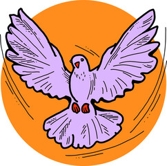 White dove is symbol of peace, hope, love in the world. Flying pigeon like holy spirit brings freedom, joy, grace. Hand drawn retro vintage vector illustration. Old style comics cartoon line drawing.