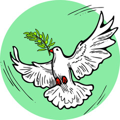 Dove of peace flying with green olive branch. White pigeon is holly spirit, love, freedom. Bird and plant are nature elements. Hand drawn retro vintage vector illustration. Old style cartoon drawing. 