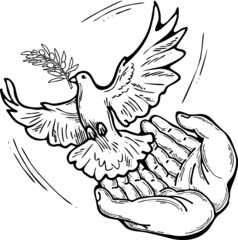 White dove of peace in our hands. Two palms care for peaceful world. Lives matter. Anti war symbol. Sign of love, hope, freedom. Hand drawn retro vintage vector illustration. Old style cartoon drawing