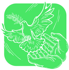 White dove of peace in our hands. Two palms care for peaceful world. Lives matter. Anti war symbol. Sign of love, hope, freedom. Hand drawn retro vintage vector illustration. Old style cartoon drawing