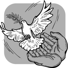 White dove of peace in our hands. Two palms care for peaceful world. Lives matter. Anti war symbol. Sign of love, hope, freedom. Hand drawn retro vintage vector illustration. Old style cartoon drawing