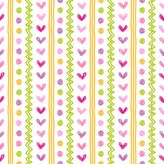 Seamless vector pattern with hand-drawn hearts, zig-zag, dots and vertical stripes. - 509046759