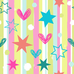 Abstract vector background with stripes, hearts and stars. The seamless pattern in a cute color palette. - 509046760