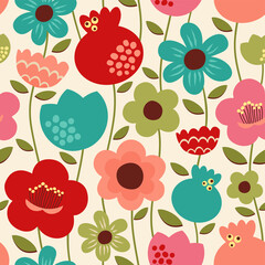 Vector illustration with stylized flowers in retro color palette. Seamless floral pattern. Great for fashion, fabric, wallpaper. - 509046763