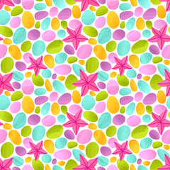 Seamless vector pattern with pebbles and starfishes. Summer background in bright colors. - 509046765