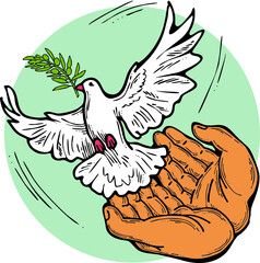 White dove of peace in our hands. Two palms care for peaceful world. Lives matter. Anti war symbol. Sign of love, hope, freedom. Hand drawn retro vintage vector illustration. Old style cartoon drawing