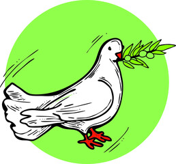 Fototapeta premium Dove of peace flying with green olive branch. White pigeon is holly spirit, love, freedom. Bird and plant are nature elements. Hand drawn retro vintage vector illustration. Old style cartoon drawing. 