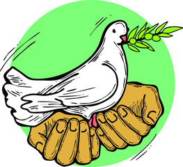 White dove of peace in our hands. Two palms care for peaceful world. Lives matter. Anti war symbol. Sign of love, hope, freedom. Hand drawn retro vintage vector illustration. Old style cartoon drawing
