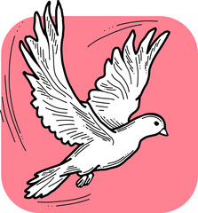 White dove is symbol of peace, hope, love in the world. Flying pigeon like holy spirit brings freedom, joy, grace. Hand drawn retro vintage vector illustration. Old style comics cartoon line drawing.