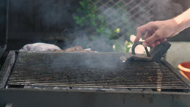Spicy Pork Beef Bacon Being Grilled Over Bright Glowing Coals Broasting On Fire. Lunch celebration Party Barbecue. Outdoor Cooking. Cook Prepares Oriental Dish In Kitchen. Junk Food, Healthy Lifestyle